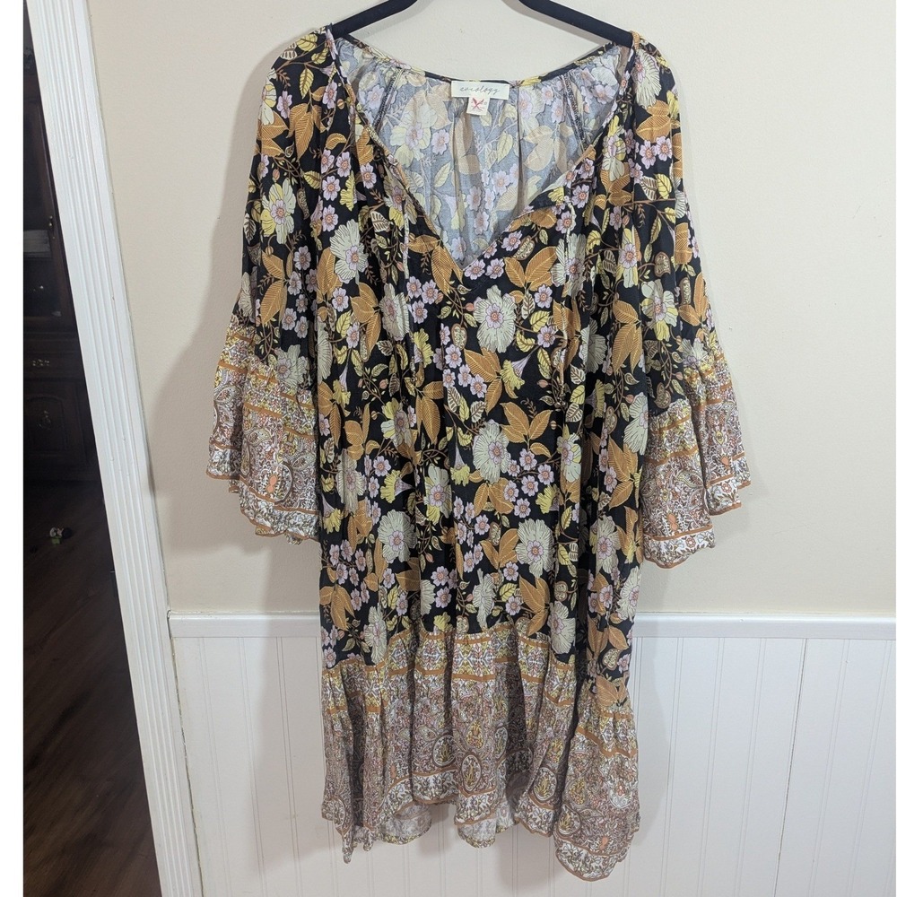 Boho Floral Paisley Tiered Dress Bell Sleeve Split V-Neck Mustard Black 26/28